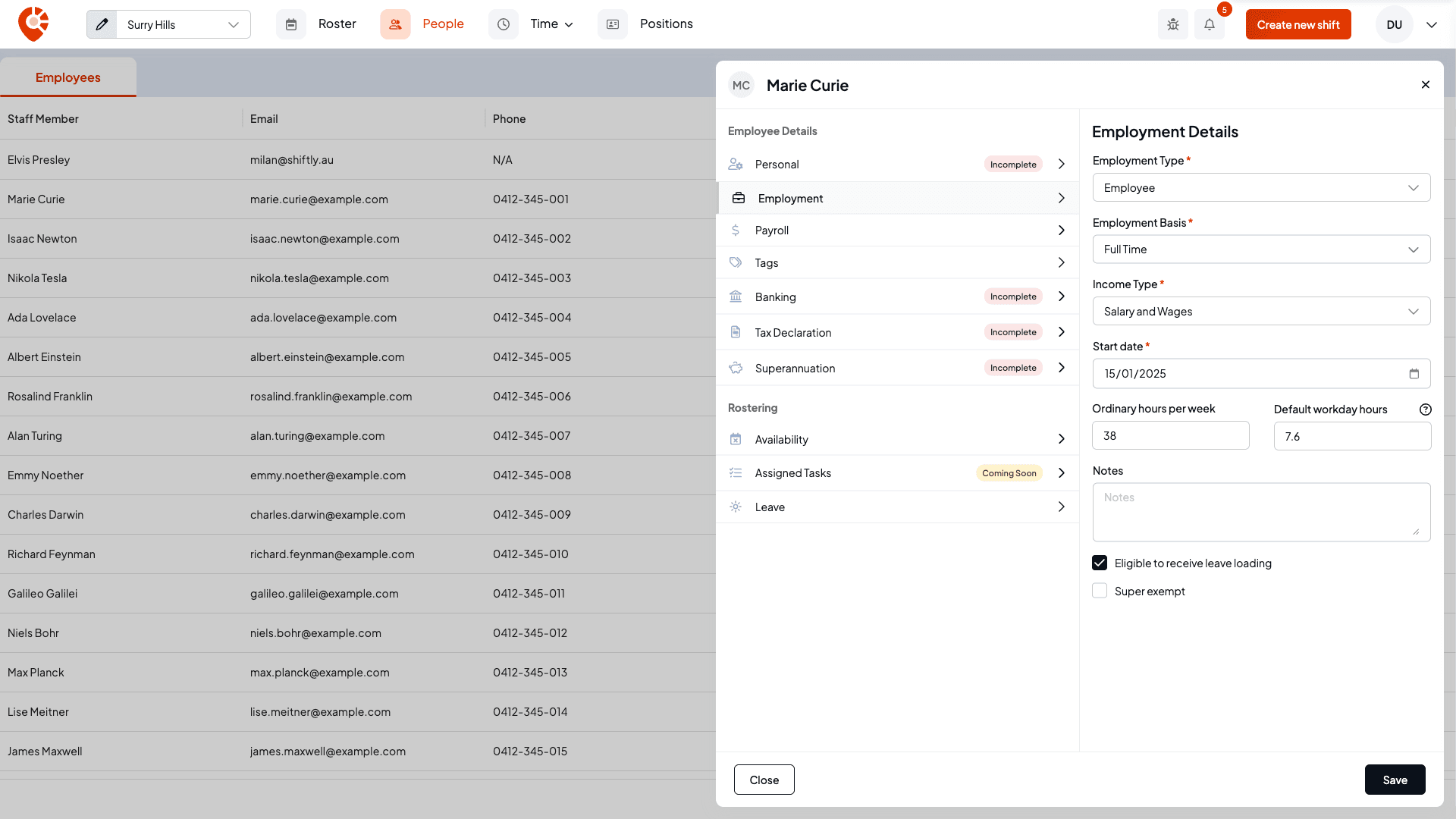 The Employment tab with employment type, basis, income type, start date and hours
