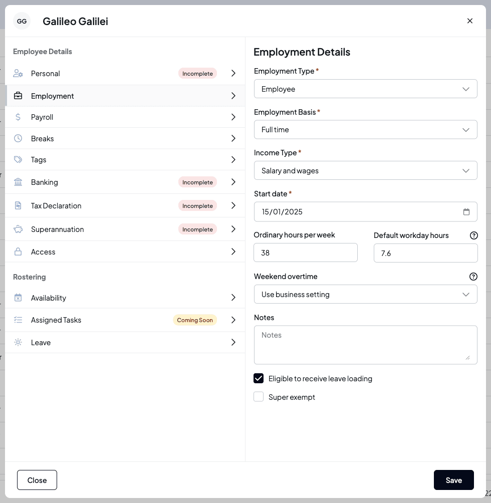 The Employment tab with employment type, basis, income type, start date, hours, weekend overtime, notes, leave loading and super exempt