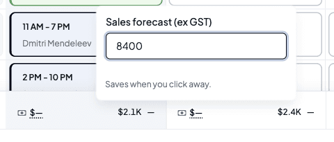 The sales box for a future day with the Sales forecast (ex GST) field filled in with 8400 and the note Saves when you click away