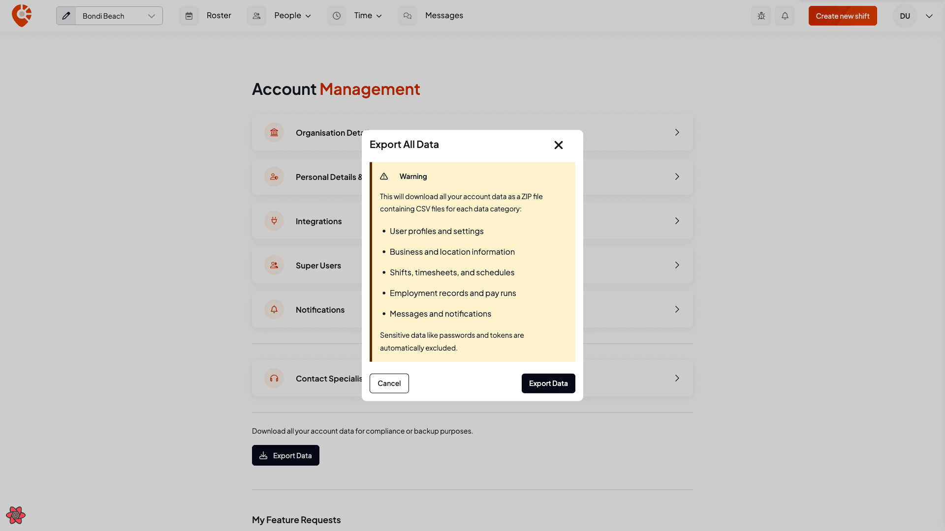 The Export all data confirmation listing the categories