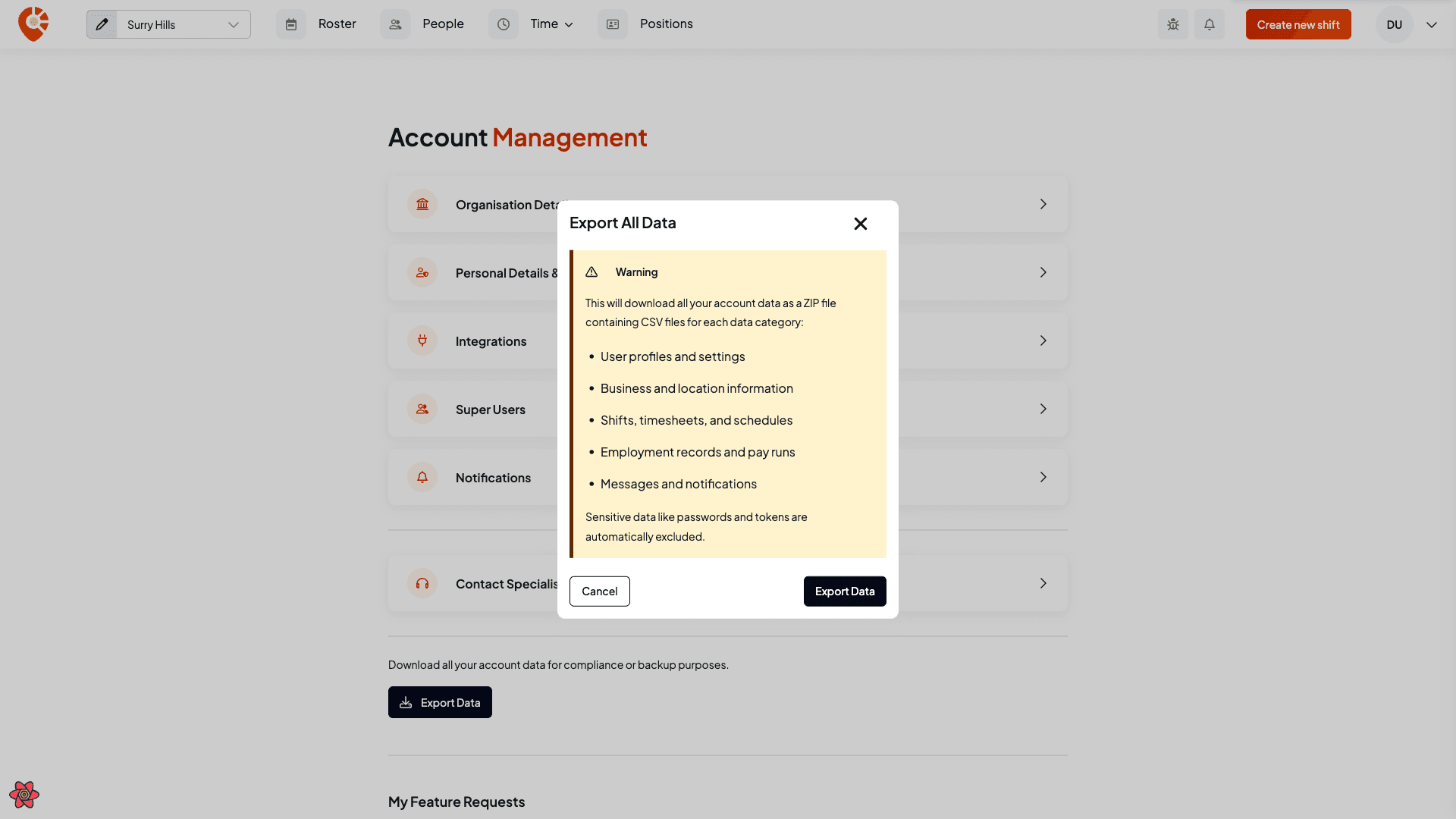 The Export all data confirmation listing the categories