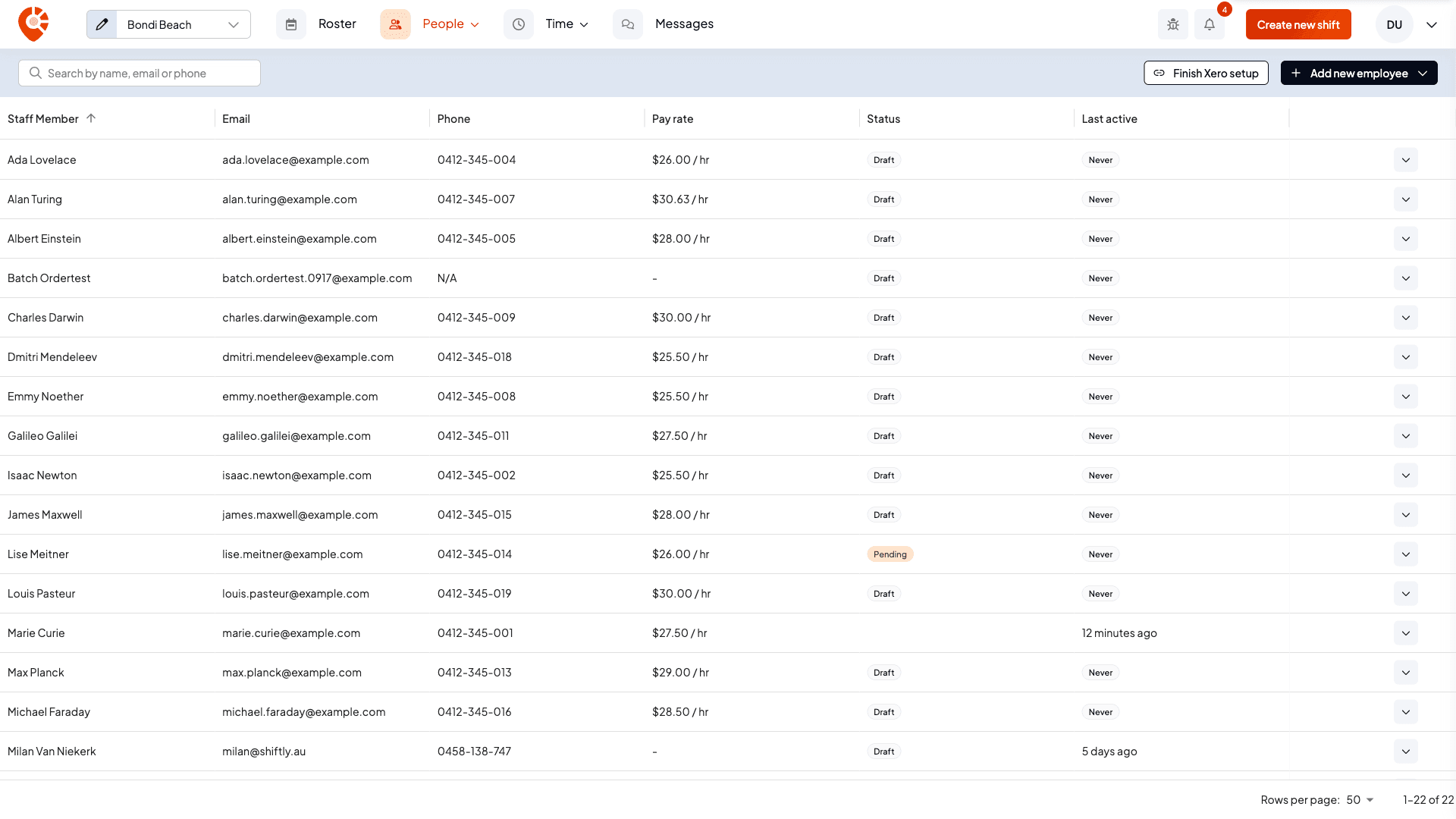 The People page for a business that's connected to Xero but hasn't finished the setup, with a Finish Xero setup button beside Add new employee