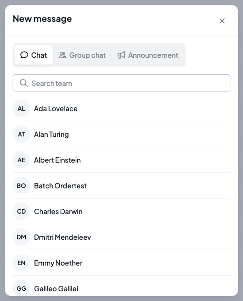 The New message dialog with the Chat, Group chat and Announcement tabs above a searchable list of your team