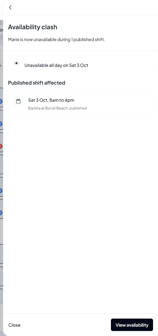 The Availability clash notification reading Marie is now unavailable during 1 published shift, with the rule Unavailable all day on Sat 3 Oct, Published shift affected, Sat 3 Oct 8am to 4pm, Barista at Bondi Beach, published, and Close and View availability buttons