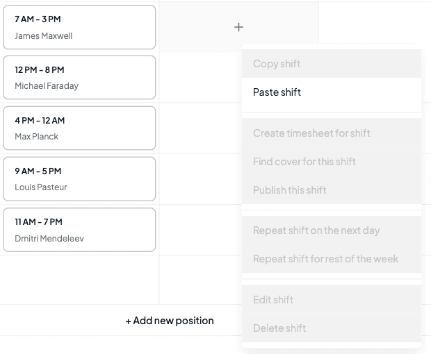 The menu opened on an empty Thursday cell, with only Paste shift available
