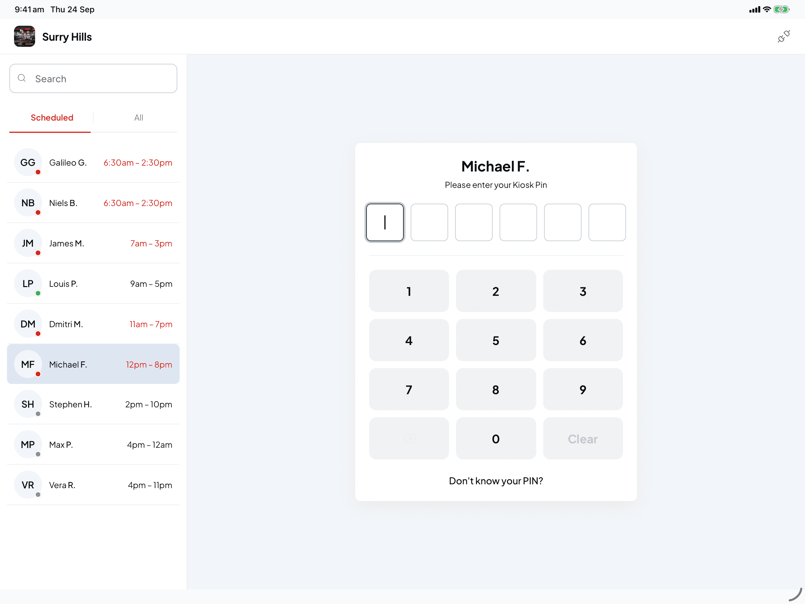 Michael F.'s PIN keypad with six empty boxes, number keys, Clear and Don't know your PIN?