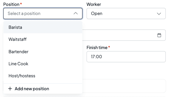 The Position list open showing Barista, Waitstaff, Bartender, Line Cook and Host/hostess, with Add new position at the bottom