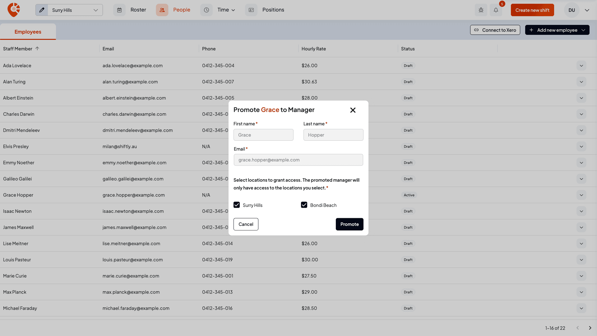The Promote to Manager modal with location access checkboxes