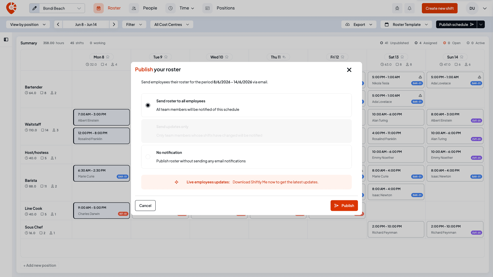 The Publish your roster window with three notification options — Send roster to all employees, Send updates only, and No notification — and a Publish button