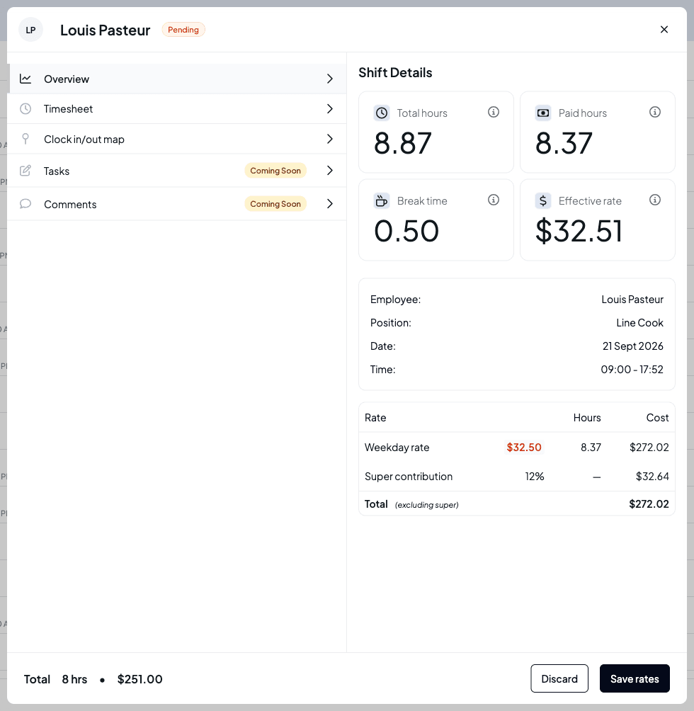 The Overview tab with the weekday rate edited to $32.50 in red, the cost recalculated to $272.02, and Discard and Save rates buttons in the footer