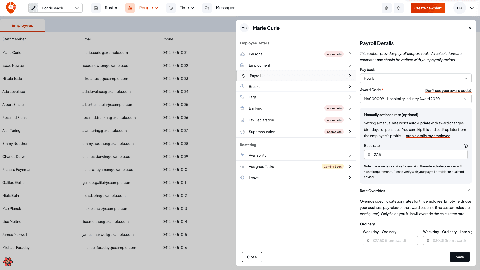 The Rate Overrides panel expanded, showing grouped category rate inputs with from-award placeholder values