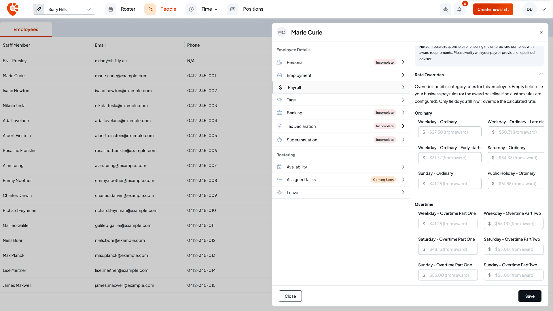 The Rate Overrides section with per-category rate inputs for ordinary and overtime