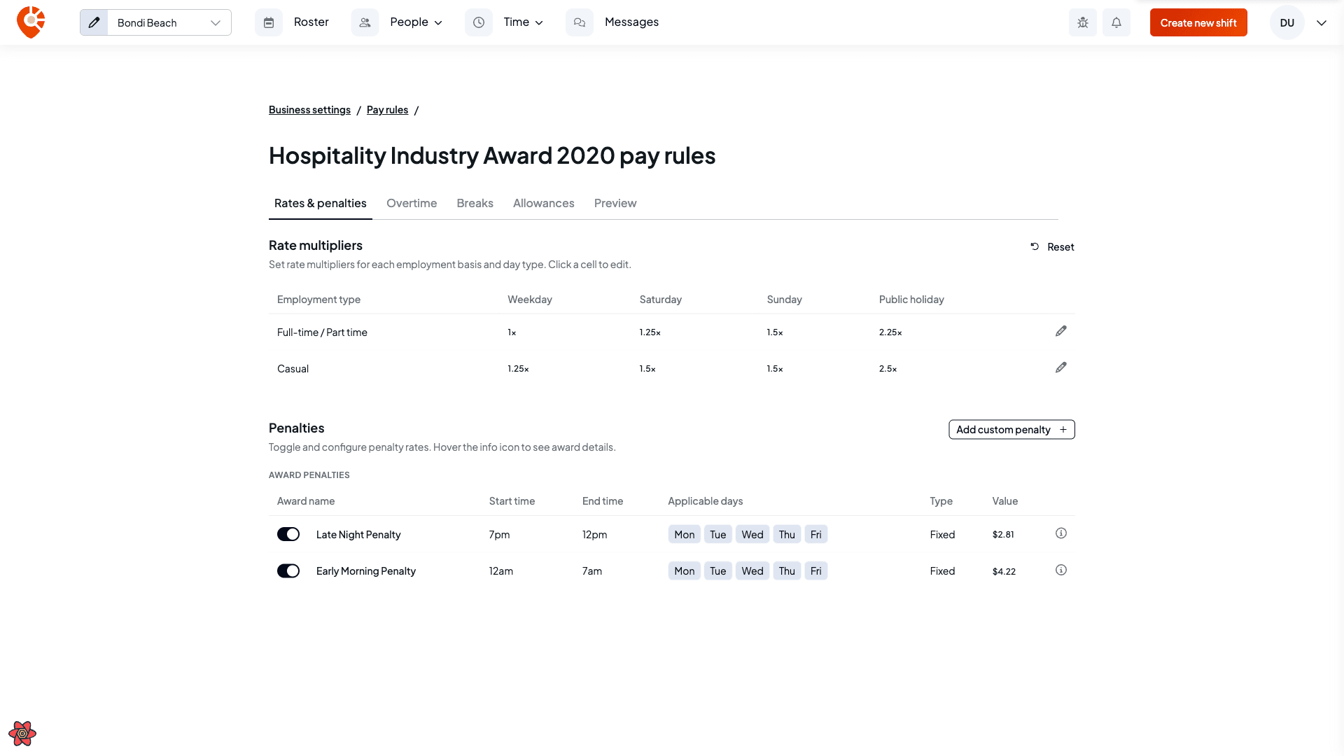 The Rates and Penalties tab showing a rate multiplier table and award penalties with an Add Custom Penalty button