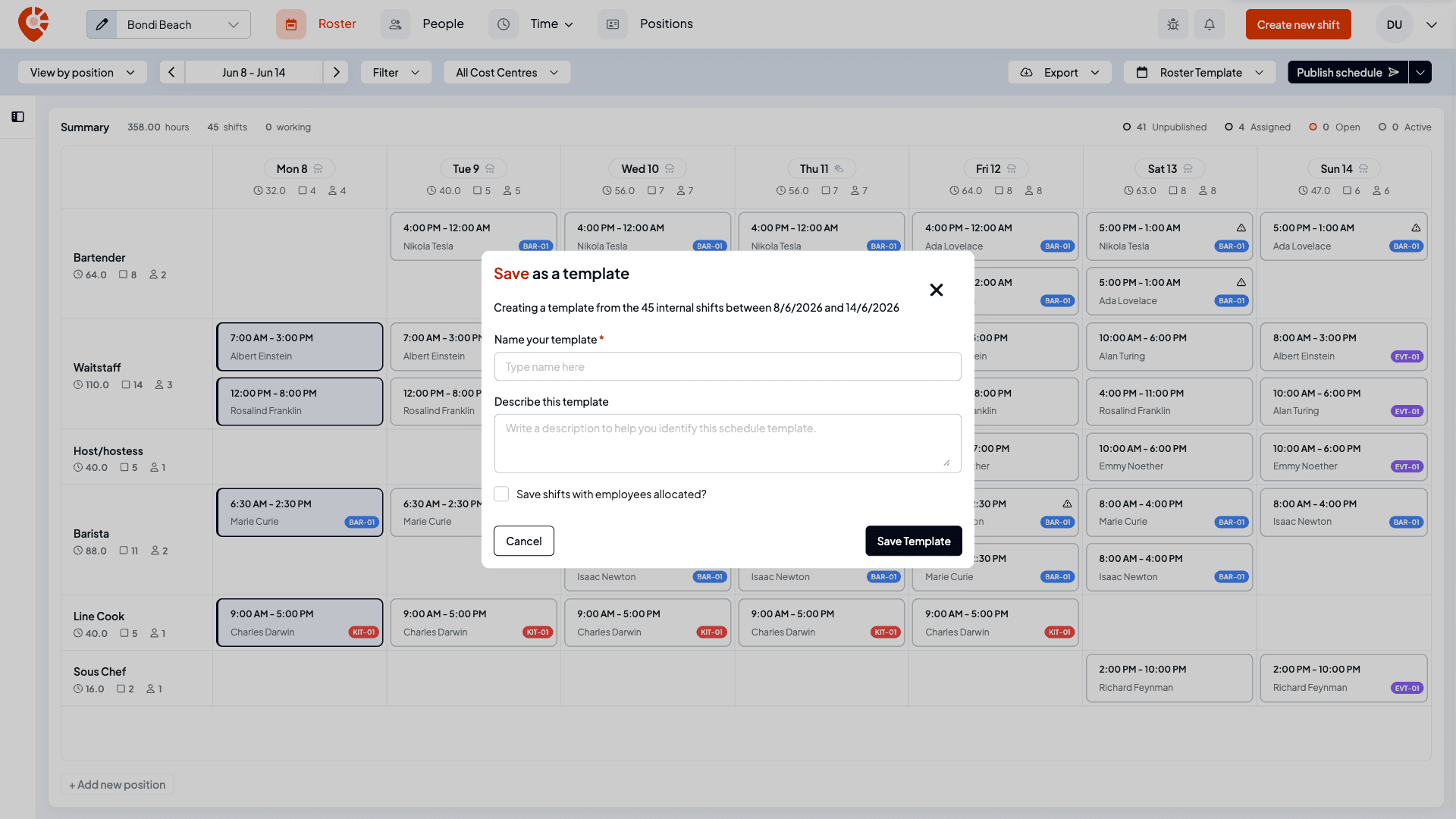 The Save as a template window with a name field, a description field, and a checkbox to save shifts with employees allocated