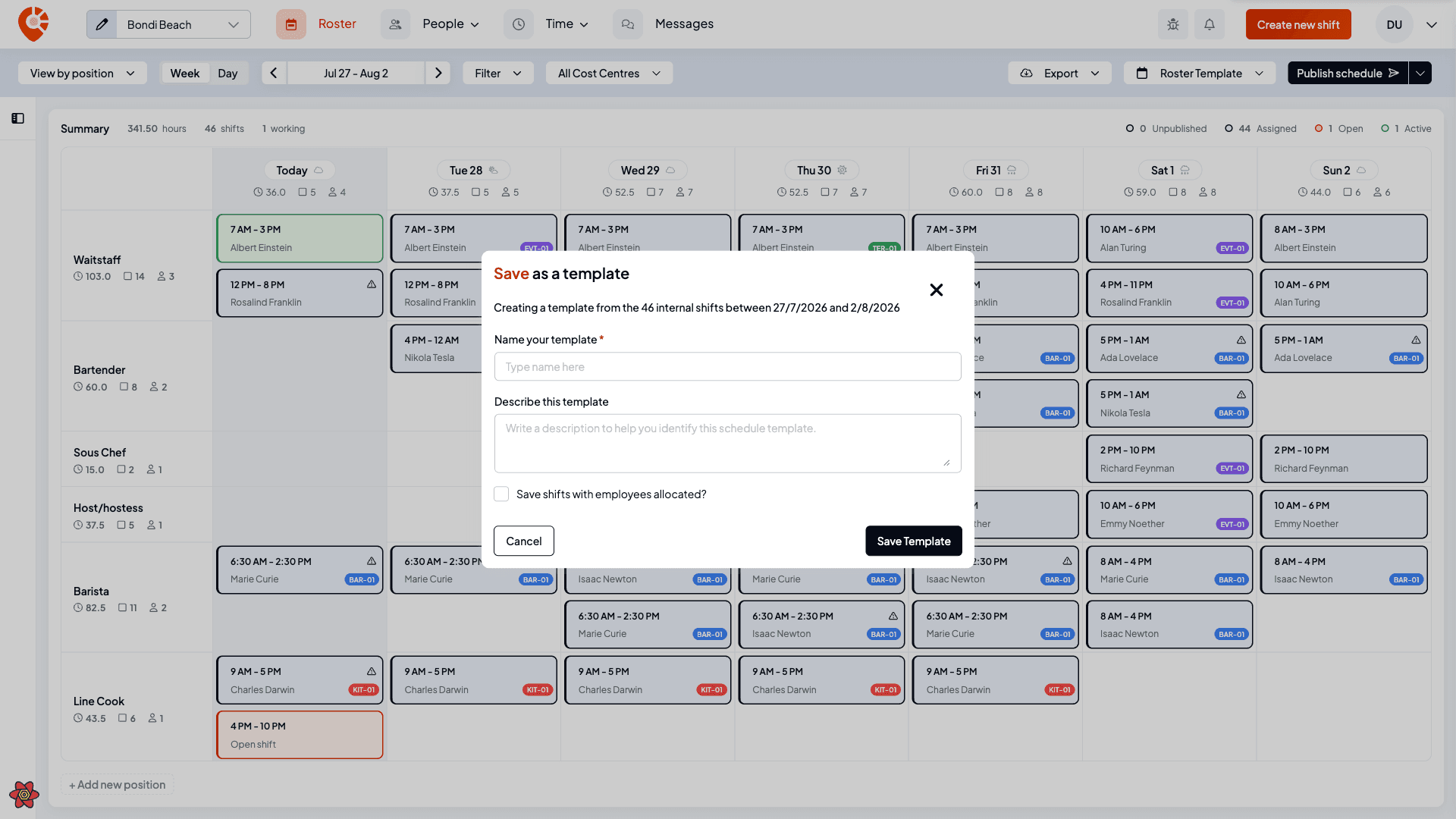 The Save as a template window with a name field, a description field, and a checkbox to save shifts with employees allocated