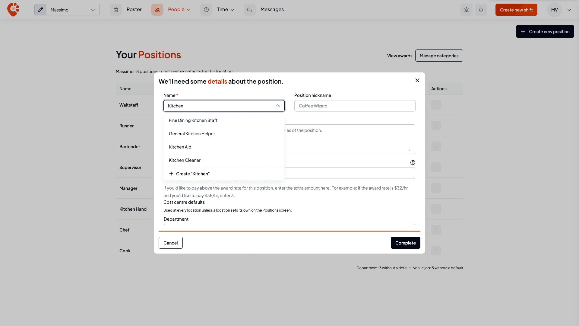 The position form with Kitchen typed into the Name field, showing Fine Dining Kitchen Staff, General Kitchen Helper, Kitchen Aid, Kitchen Cleaner and Create "Kitchen" as options