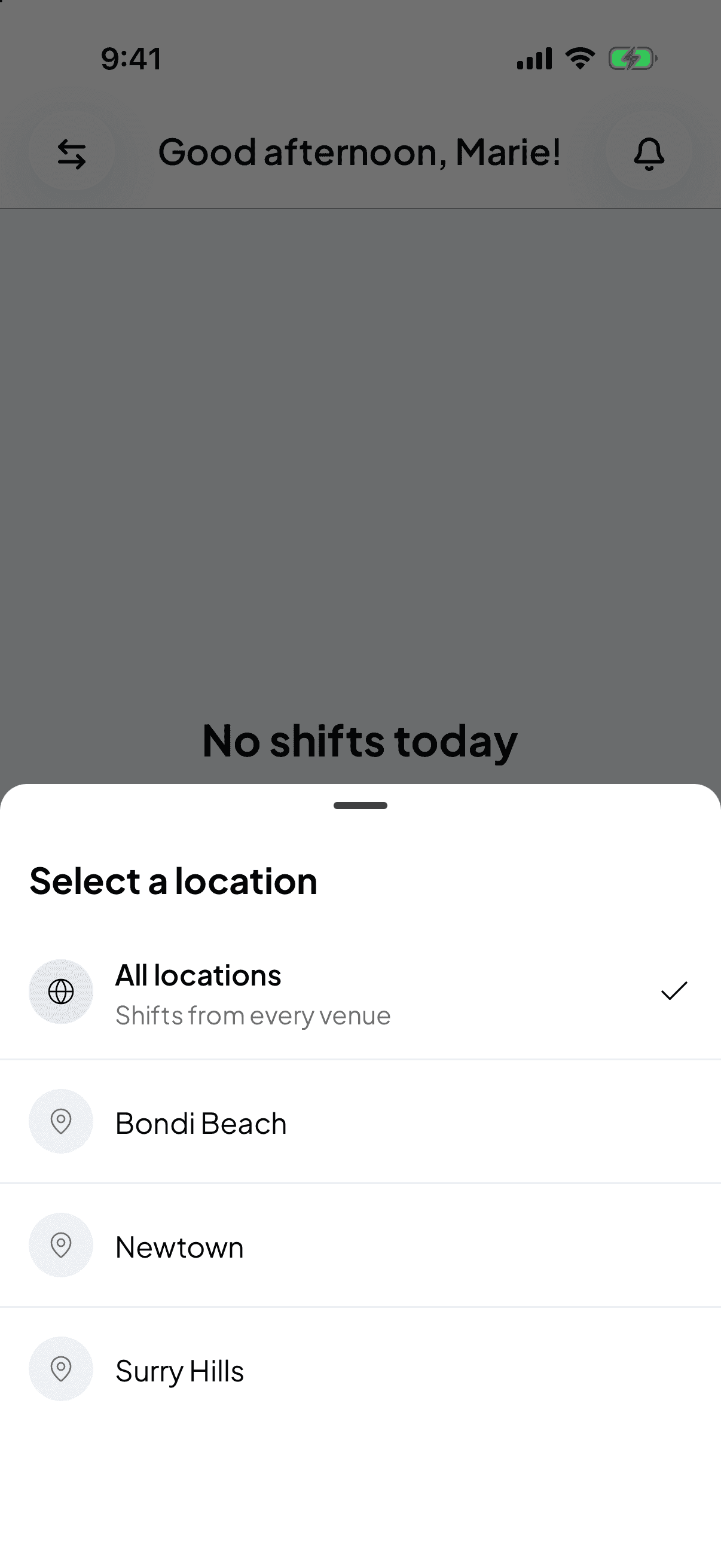 The Select a location sheet with All locations ticked, then Bondi Beach, Newtown and Surry Hills