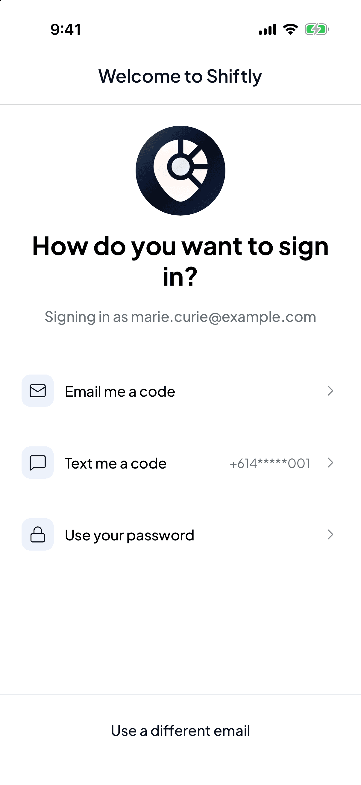 The How do you want to sign in screen for marie.curie@example.com, with Email me a code, Text me a code showing a masked mobile number, and Use your password