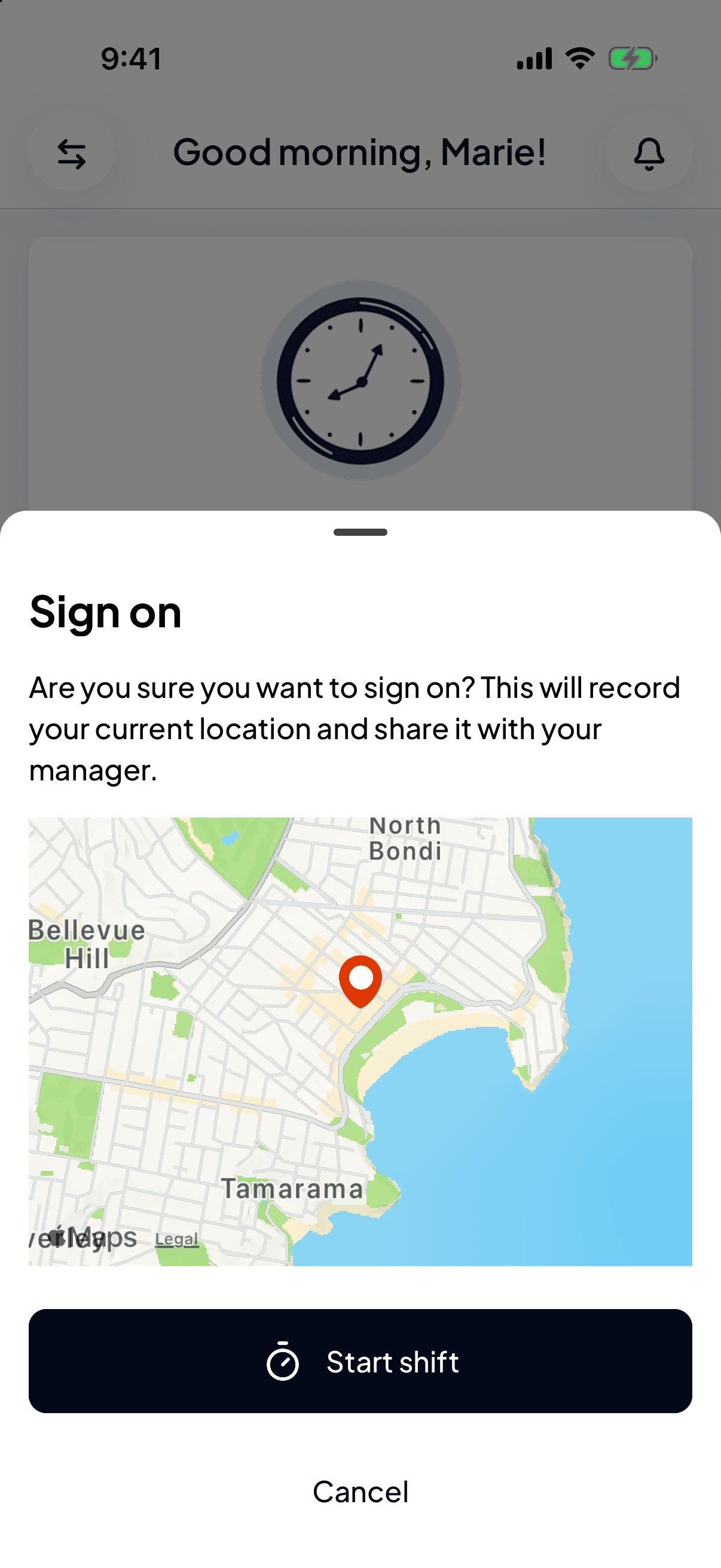 The Sign on sheet with a map pinned near Bondi Beach, a Start shift button and Cancel