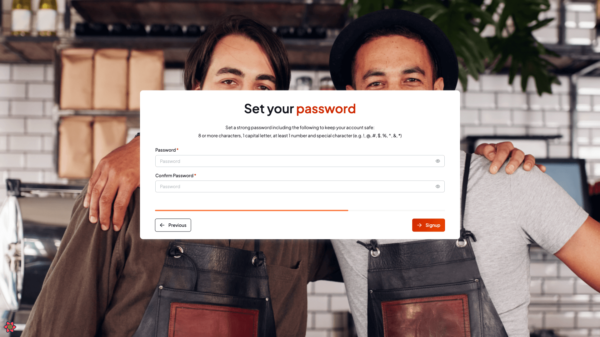 The Set your password step explaining the password needs 8 or more characters, a capital letter, a number and a special character, with Password and Confirm Password fields