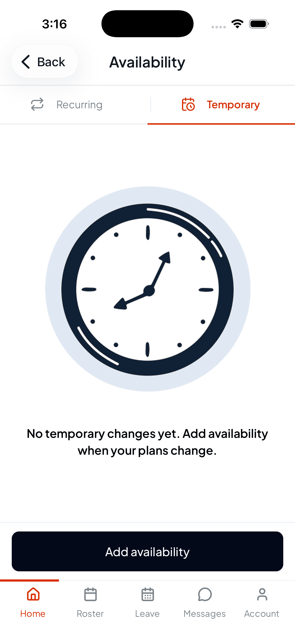 The Temporary availability tab showing an empty state reading No temporary changes yet, with an Add availability button
