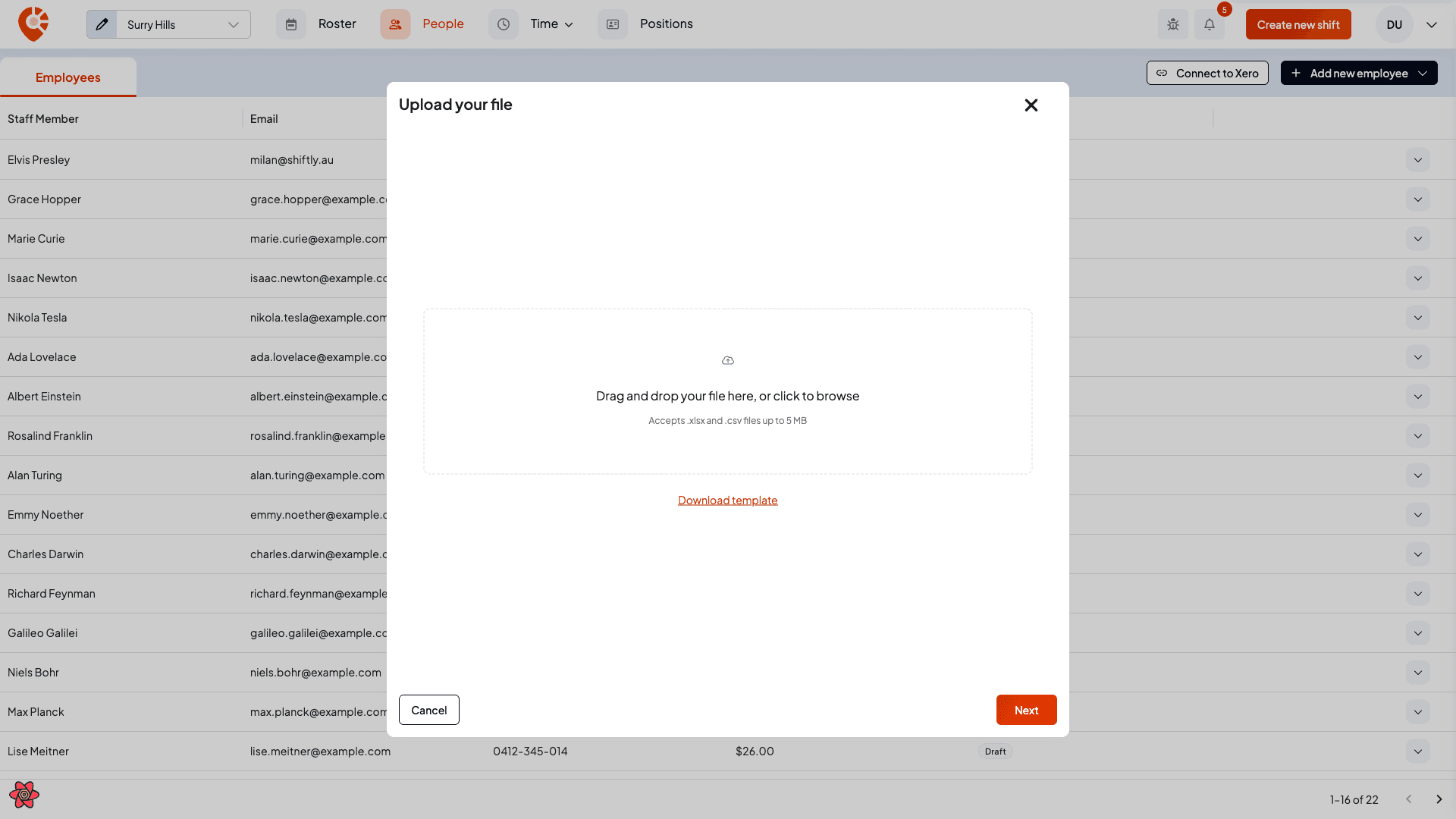 The import upload step with a drag-and-drop area accepting .xlsx and .csv files up to 5 MB and a Download template button