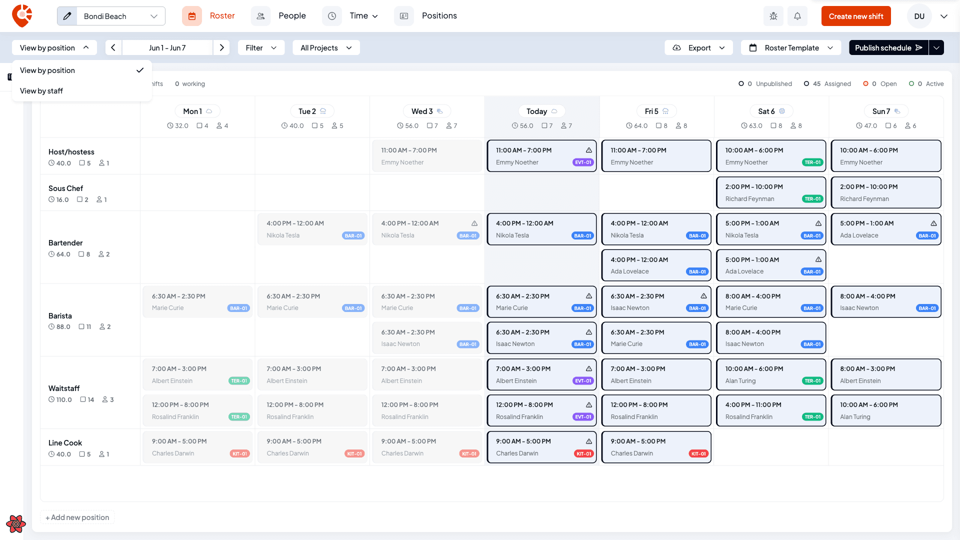 The scheduler view menu open, offering View by position and View by staff