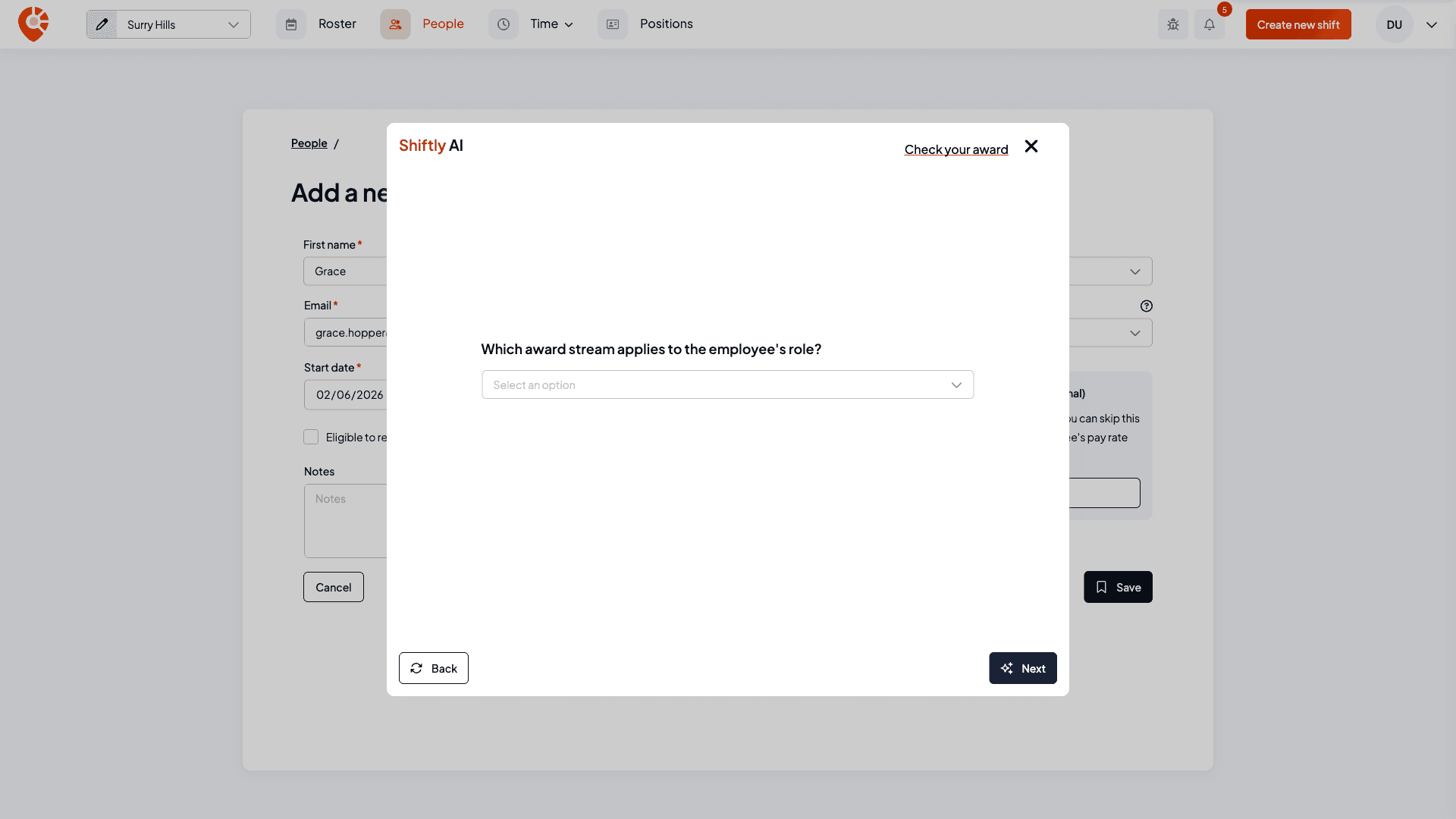 A Shiftly AI question asking which award stream applies to the employee's role