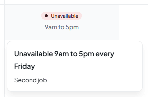 The card over Alan Turing's Friday cell reading Unavailable 9am to 5pm every Friday, with the comment Second job