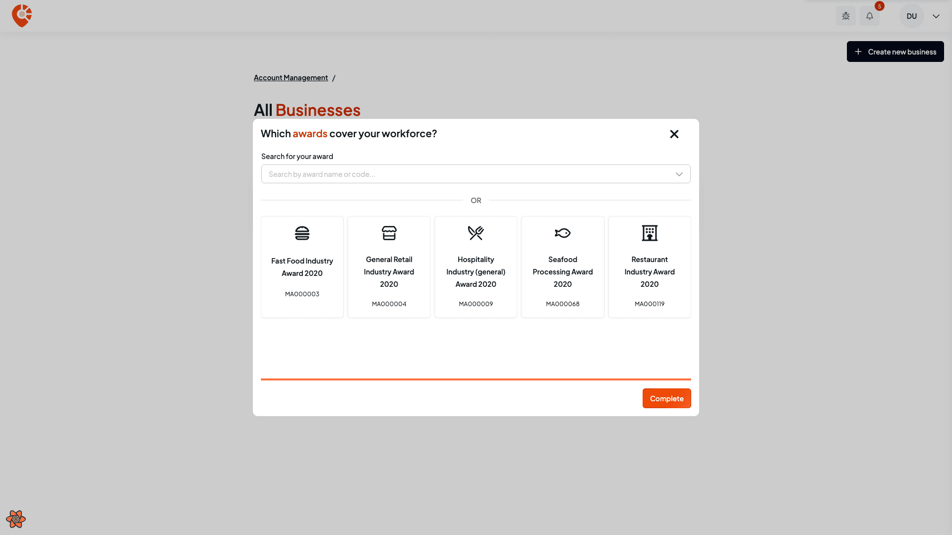 Step two of the wizard: supported award cards and the search-all dropdown