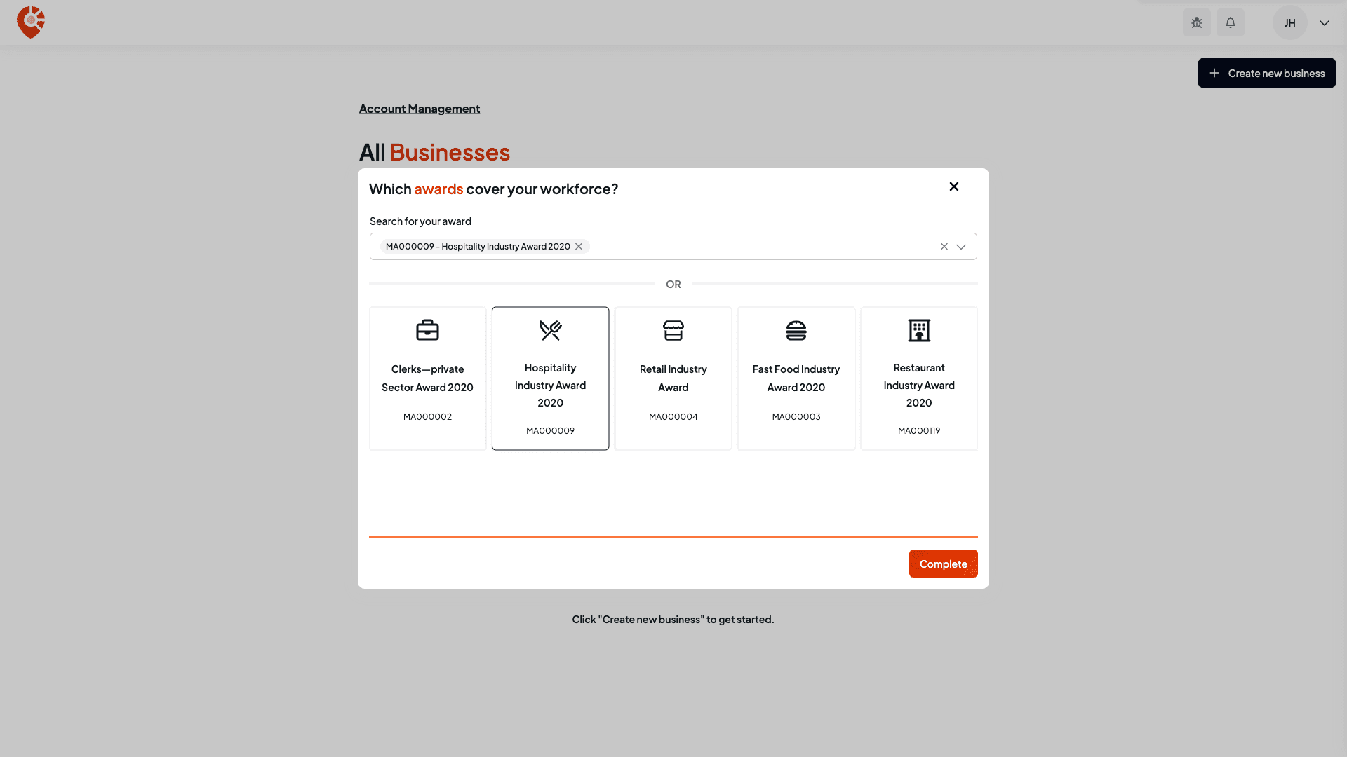Step two of the setup, asking Which awards cover your workforce?, with the Hospitality Industry Award 2020 card selected and shown in the award search box