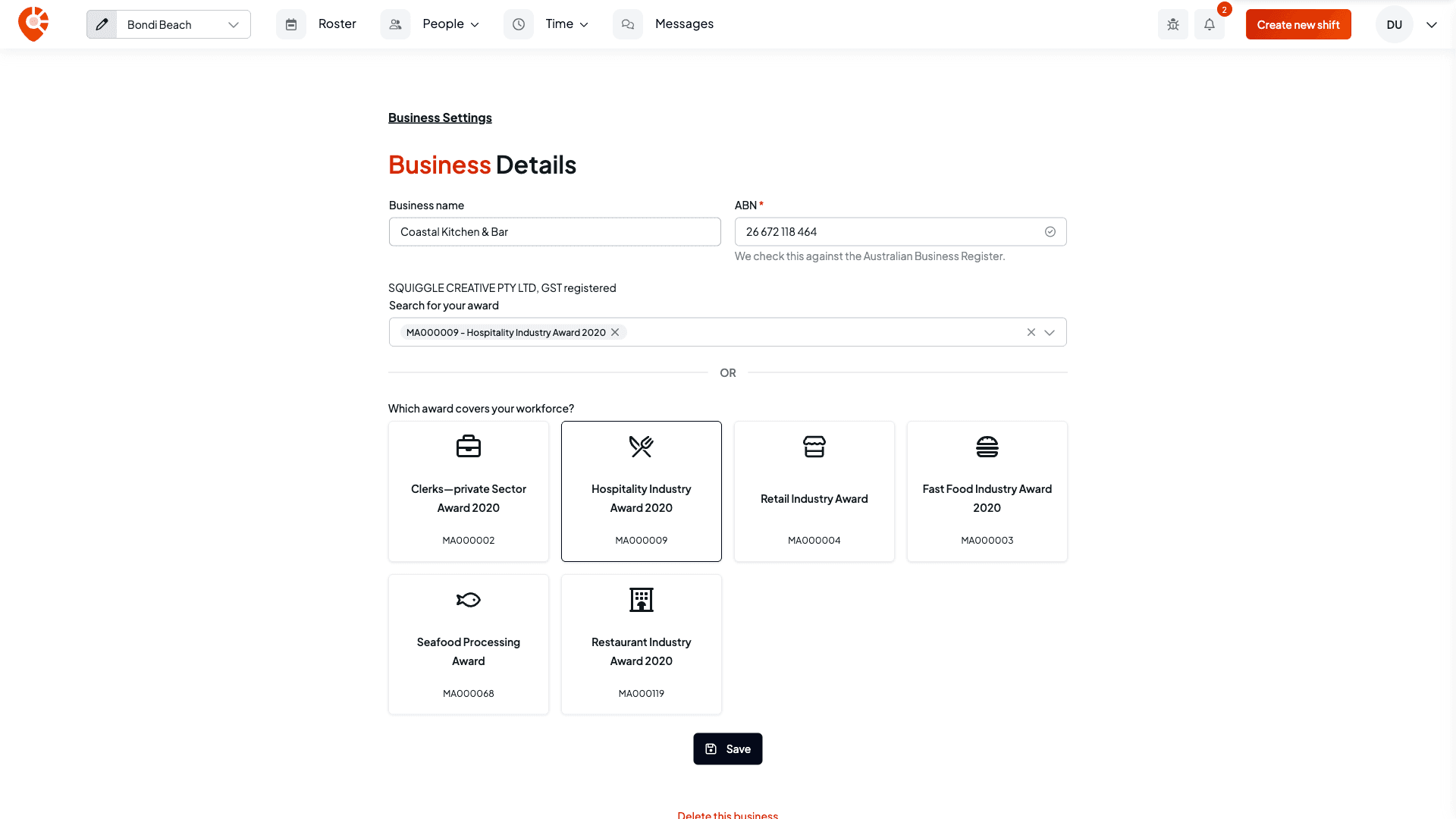 The Business Details page with the business name, the ABN with a tick, the registered name and GST status underneath, the award search, the award cards and the Save button