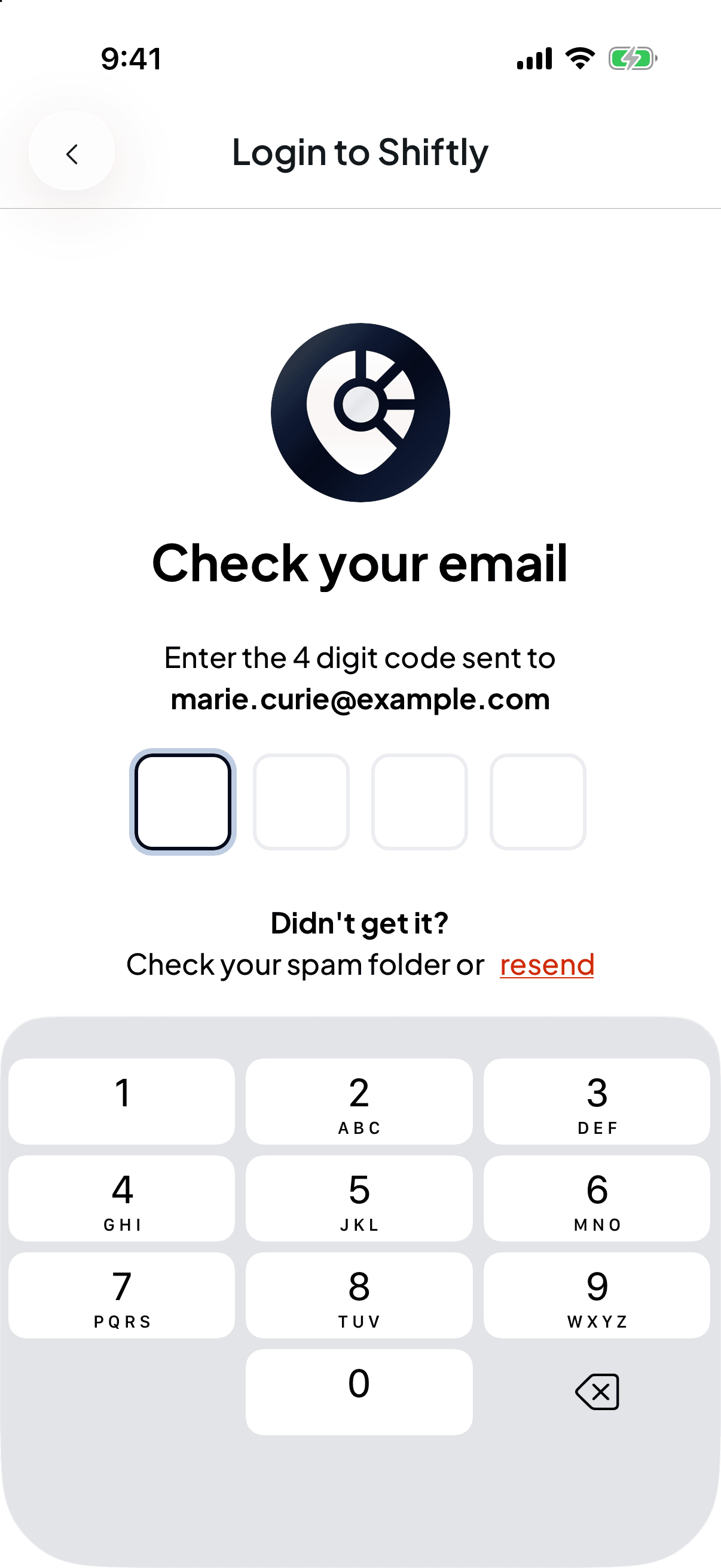 The Check your email screen asking for the 4 digit code sent to marie.curie@example.com, with four boxes, a number keypad and a resend link