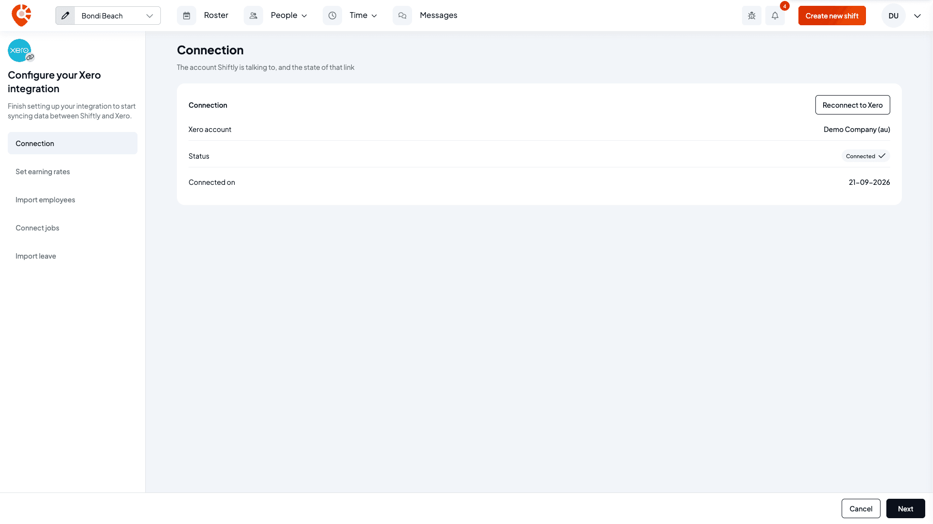 The Connection step showing the Xero account Demo Company (au), Status Connected and Connected on 21-09-2026, with the setup steps down the side