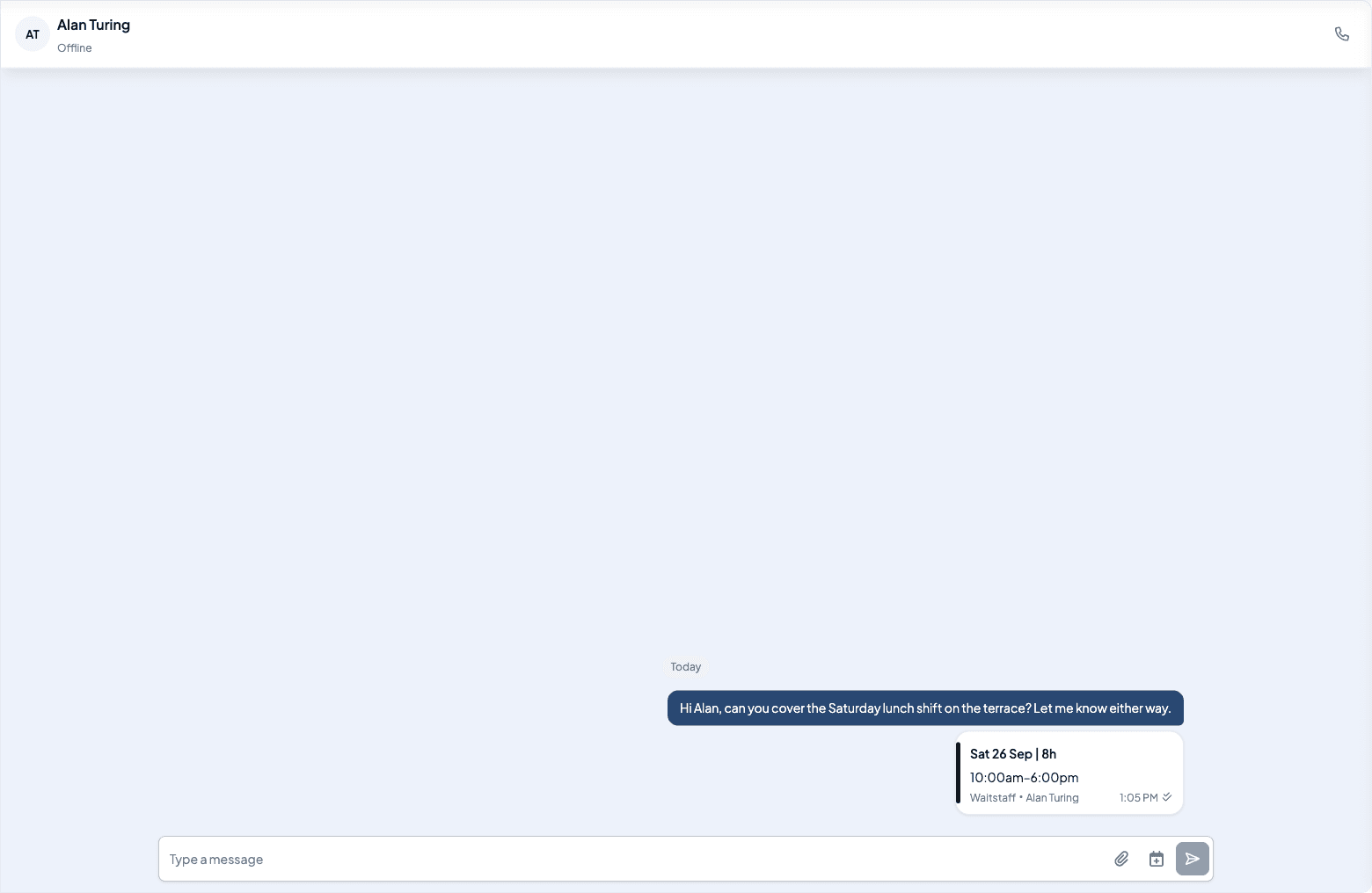 An open conversation with Alan Turing showing a sent message and a shared Saturday shift card above the message box