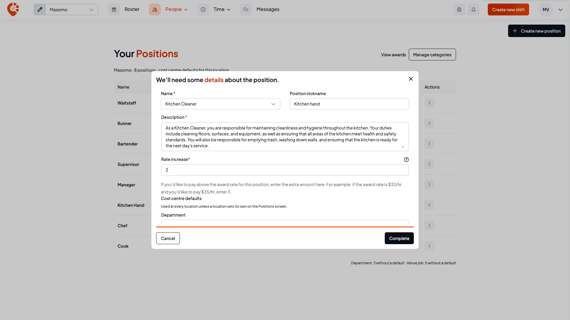 The completed position form: Name Kitchen Cleaner, Position nickname Kitchen hand, the award description filled in, Rate increase set to 2, and the Business-wide tag defaults group starting below