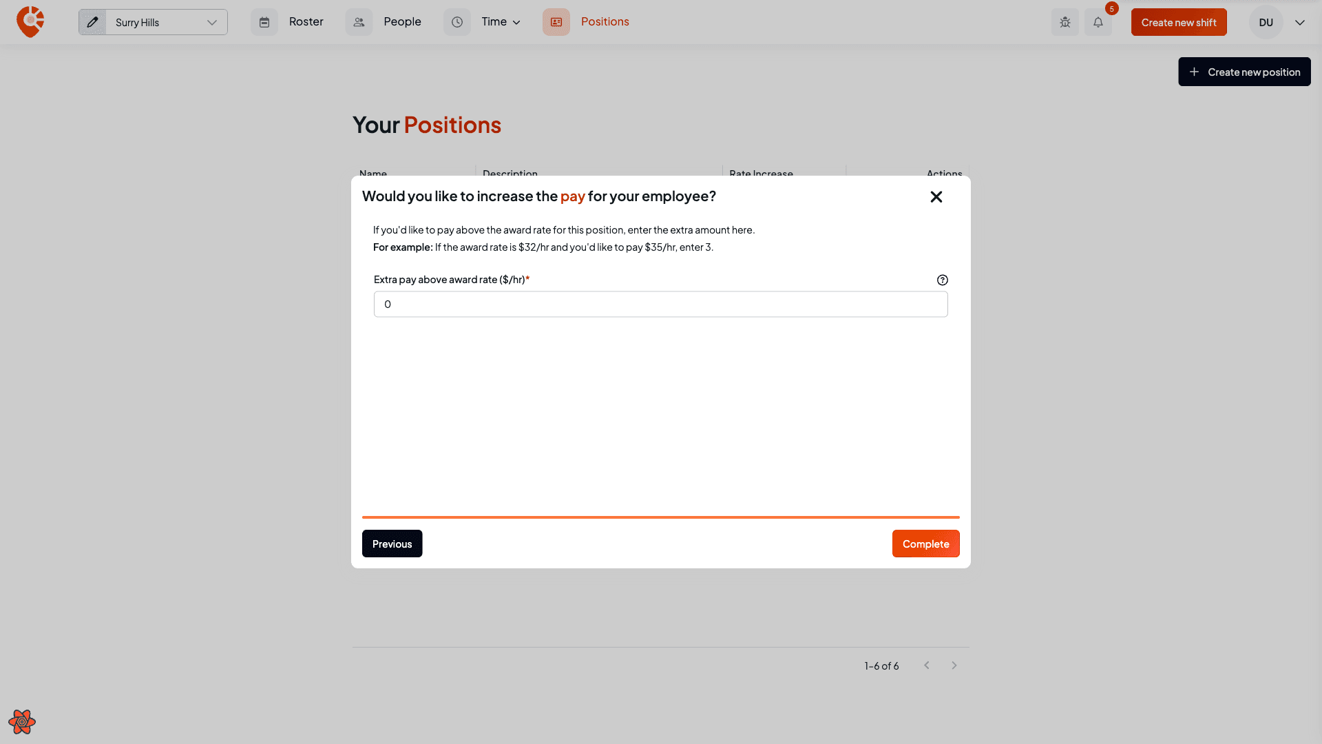 Step two of the create-position stepper — extra pay above the award rate