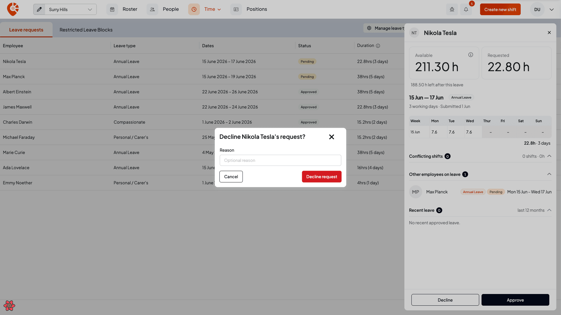 The decline dialog with an optional reason