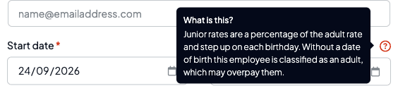The What is this? help beside Date of birth, explaining that without a date of birth the employee is classified as an adult, which may overpay them
