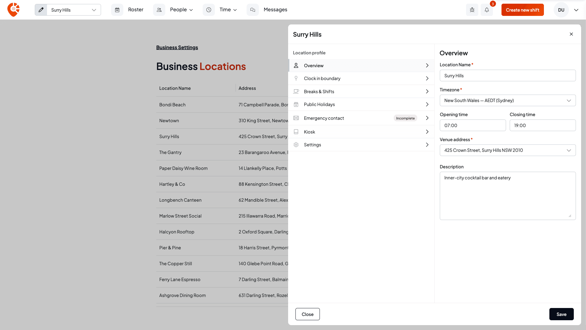 The location editor for Surry Hills on the Overview tab, with name, timezone, opening and closing times, venue address and description