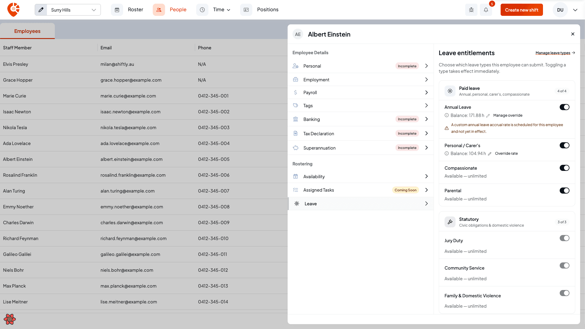 An employee's leave entitlements with balances and toggles