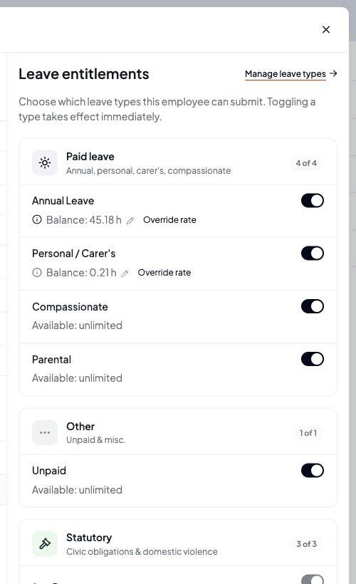 An employee's Leave tab showing Leave entitlements, with Annual Leave at Balance: 45.18 h and Personal / Carer's at Balance: 0.21 h, each with Override rate, and unlimited types showing Available: unlimited