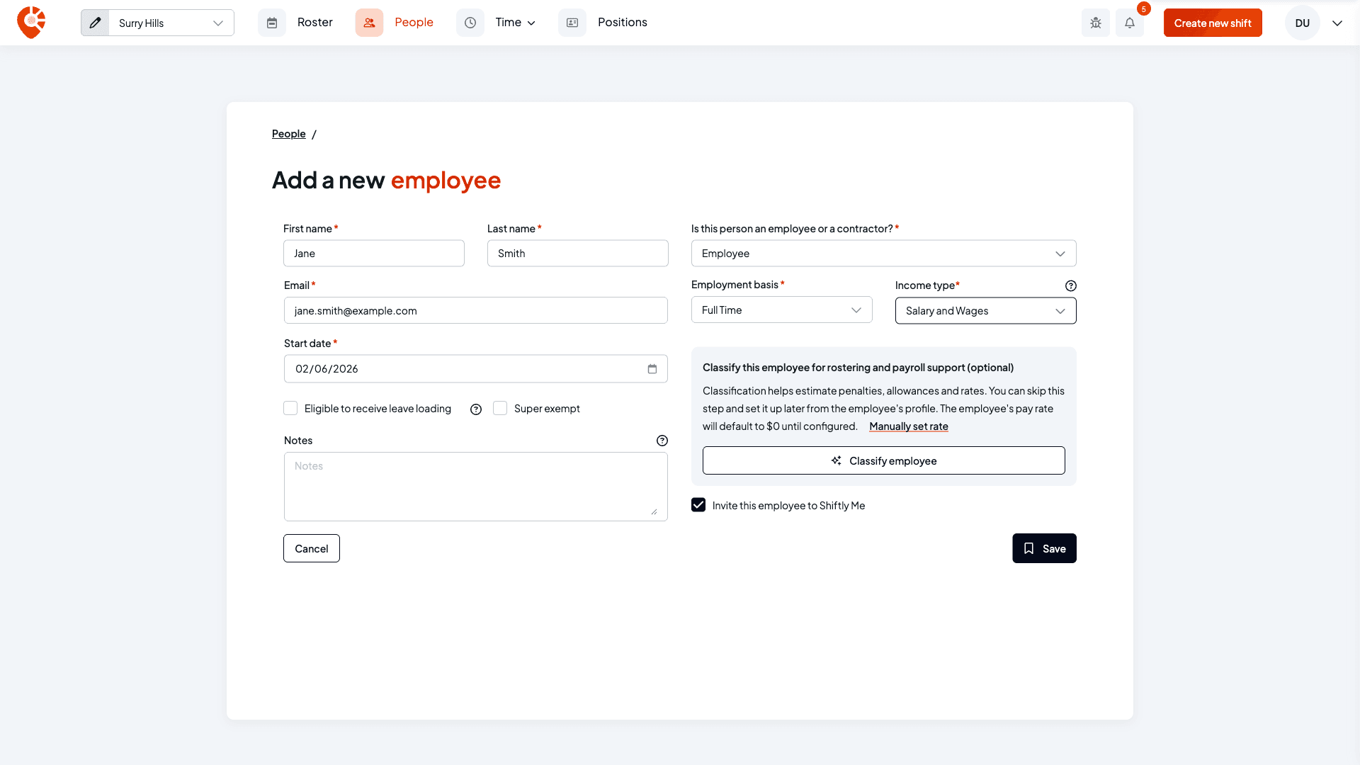 The add form with employment type, basis and income type set, and the classify section