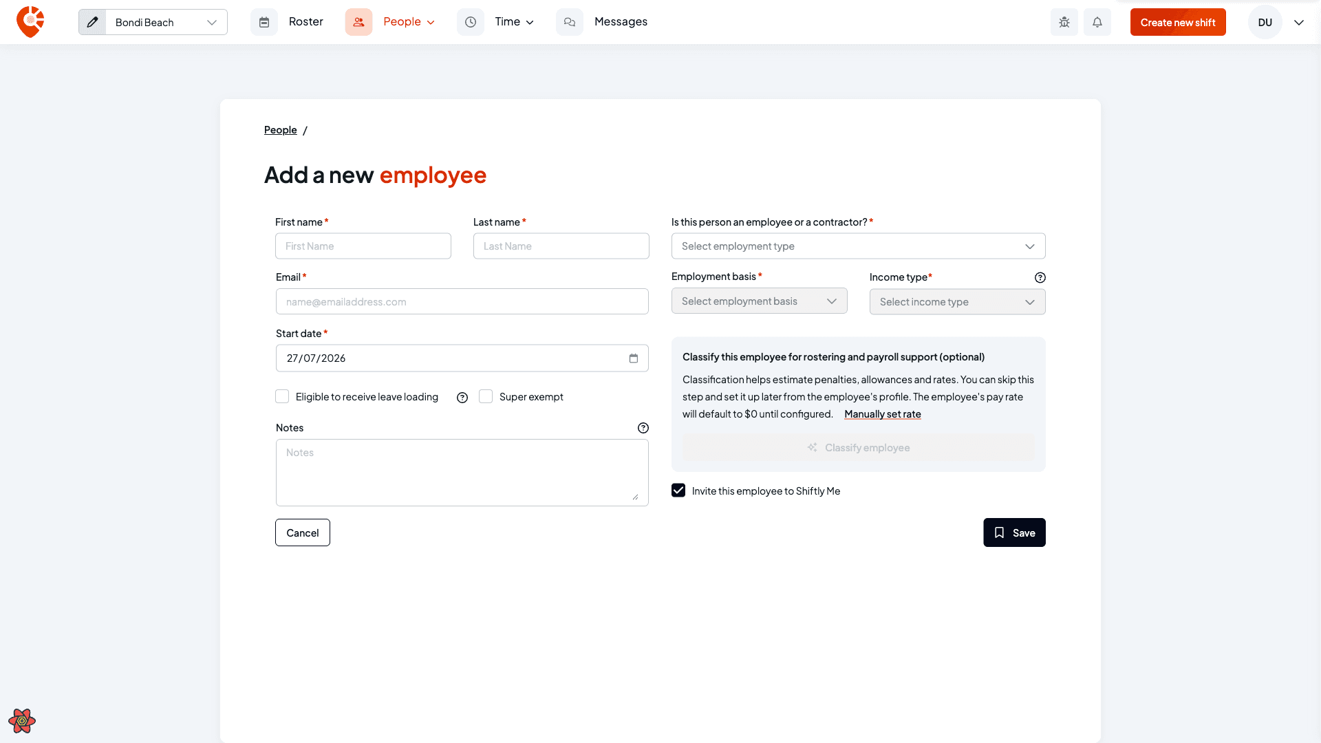 The add form with employment type, basis and income type set, and the classify section