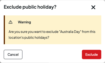 A confirmation dialog asking whether to exclude Australia Day from this location's public holidays