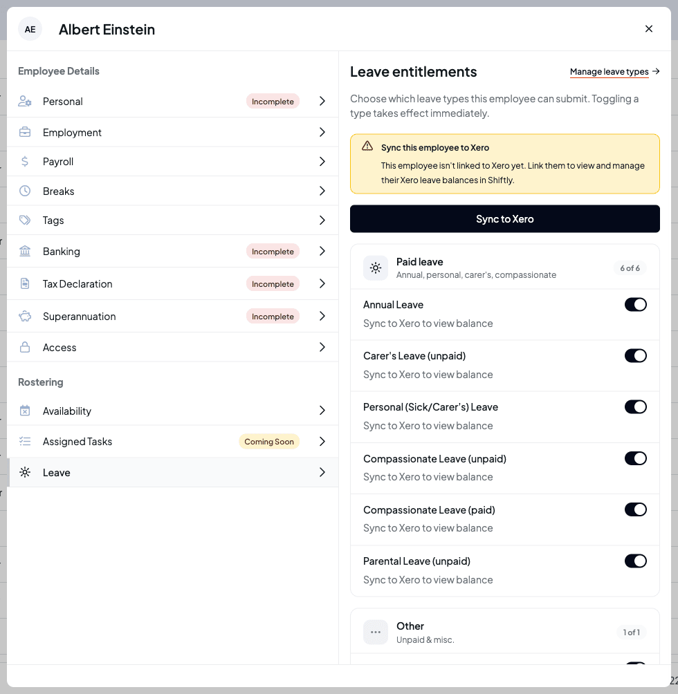 An employee's Leave tab showing Sync this employee to Xero, with a Sync to Xero button, and Sync to Xero to view balance under each leave type
