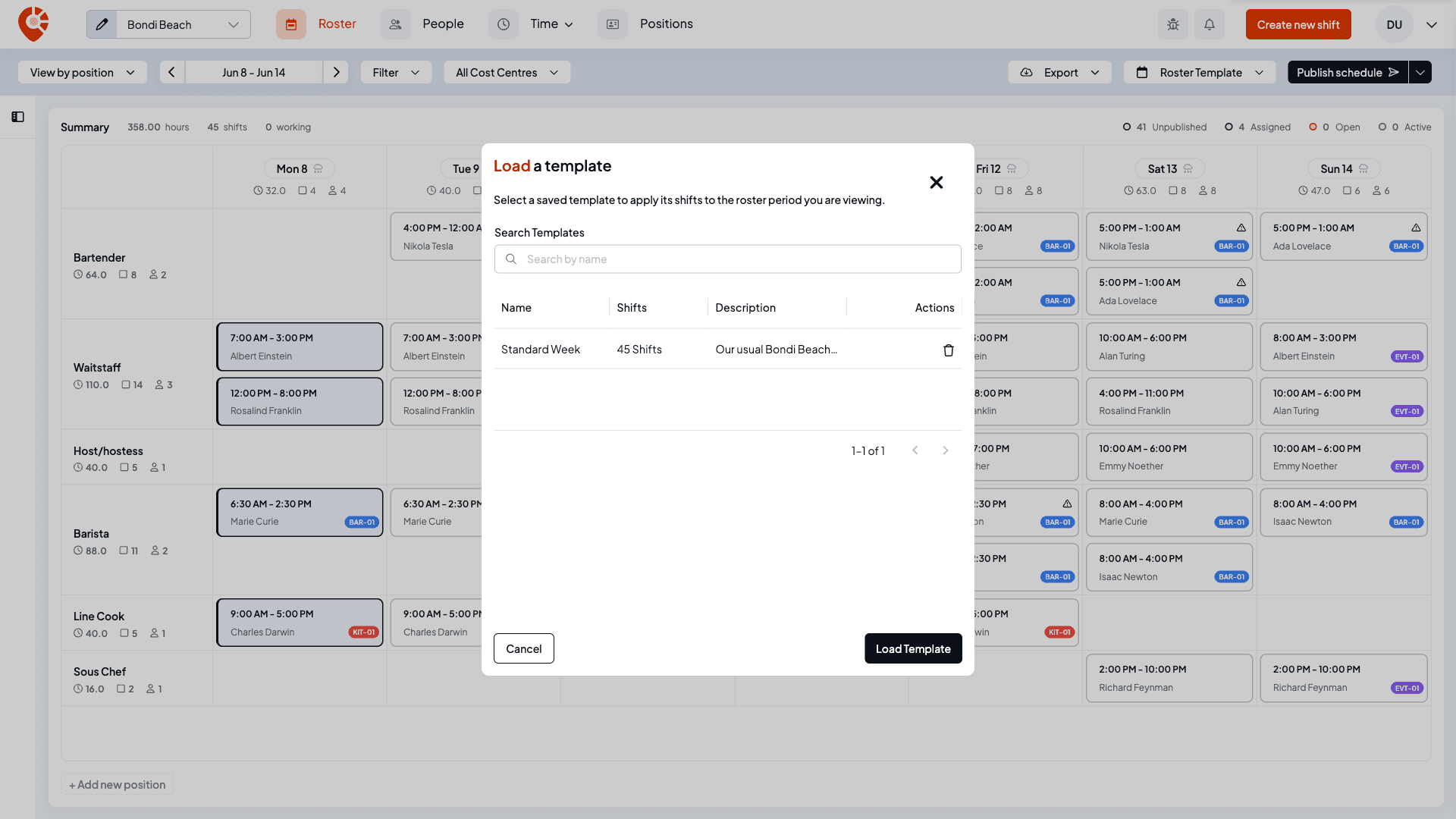 The Load a template window with a search box and a table of saved templates showing name, shift count and description, with a delete action