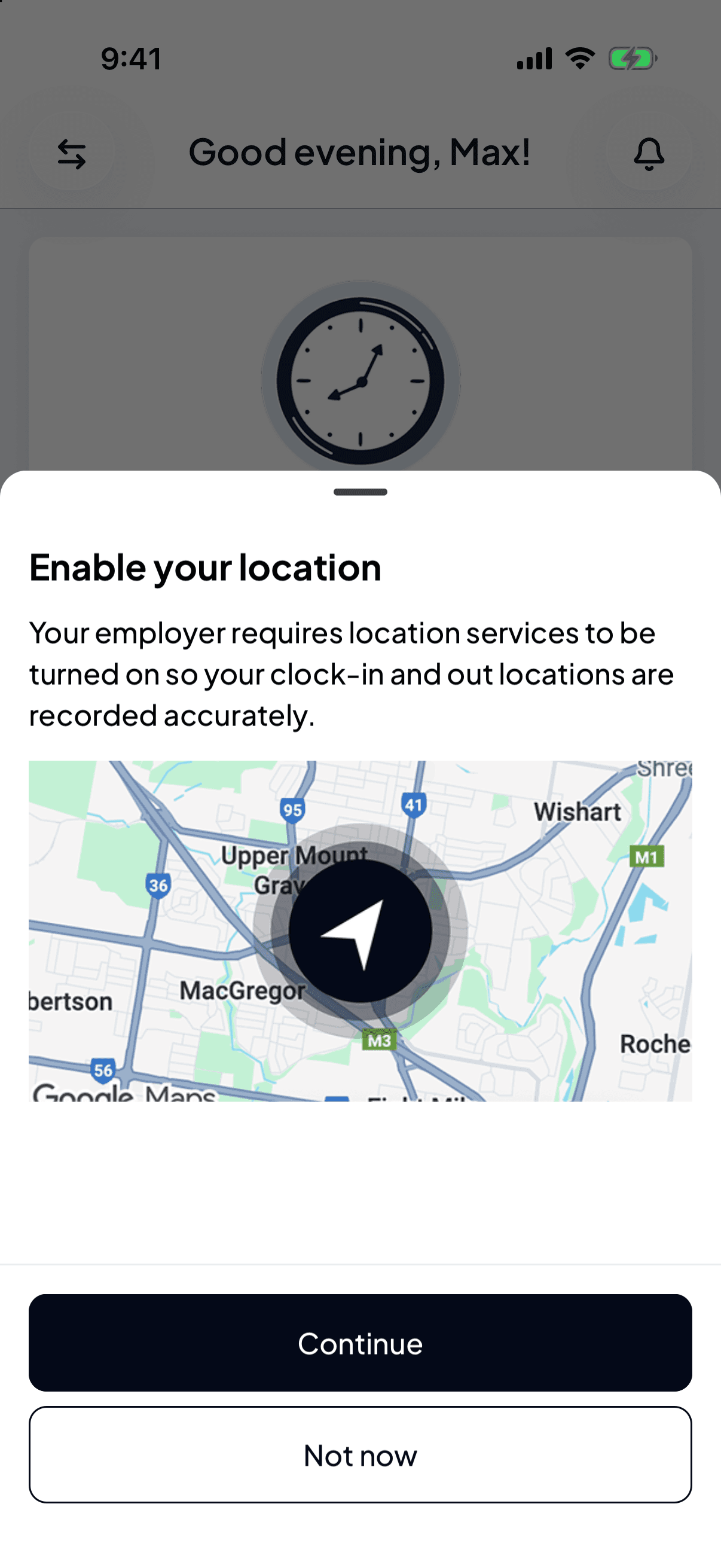 The Enable your location sheet explaining that your employer requires location services so your clock-in and out locations are recorded, with Continue and Not now buttons