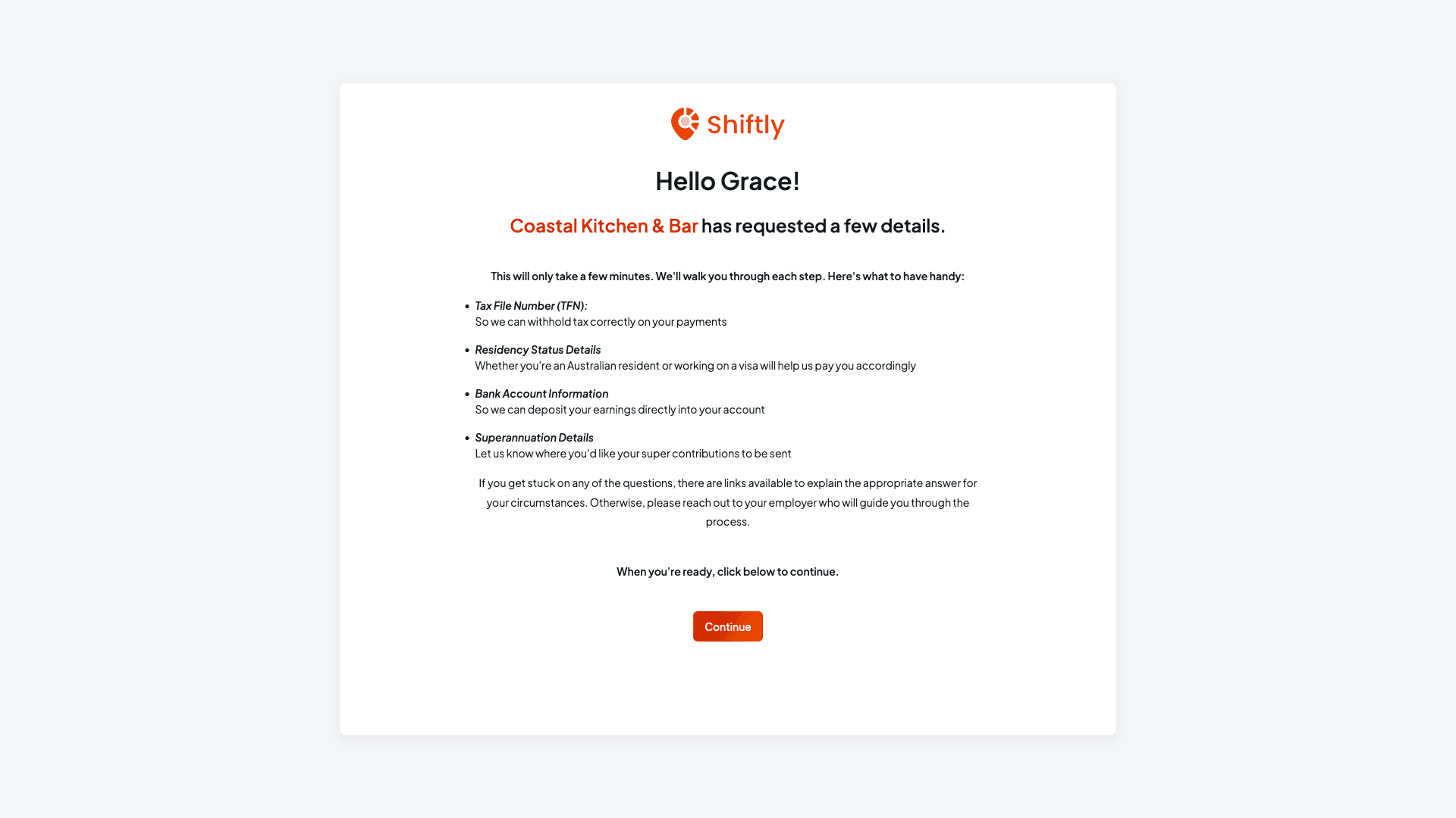 The employee's onboarding welcome screen listing what to have handy