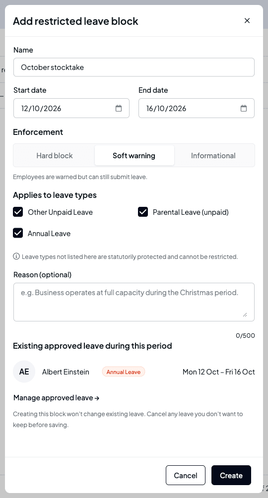 The drawer showing Albert Einstein's approved annual leave under Existing approved leave during this period, with a Manage approved leave link